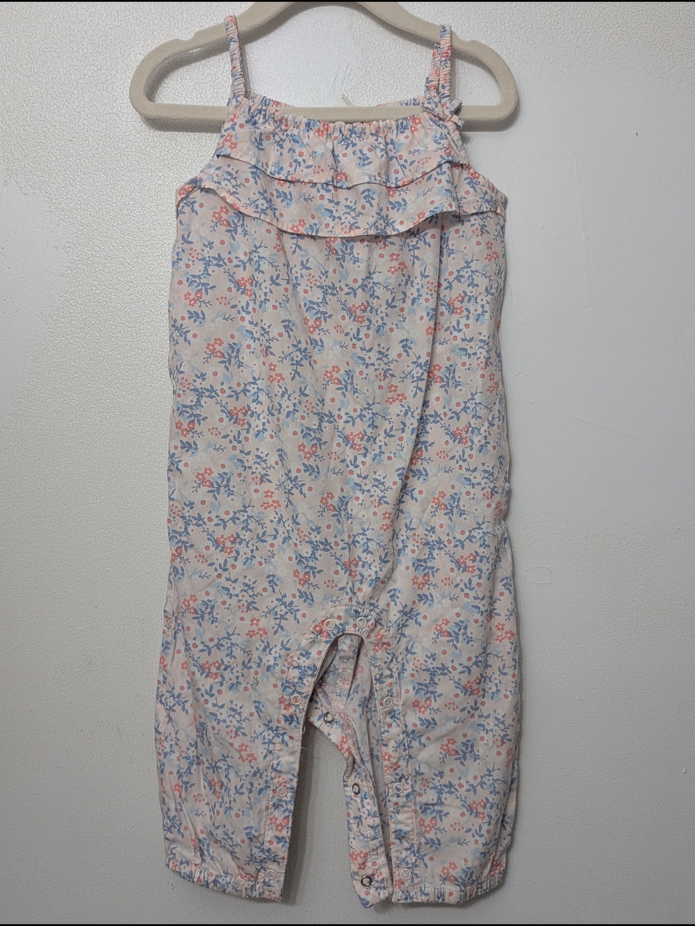 H&M Cream Floral Ruffle-Front Girls Romper with Pink & Blue Print 9-12 M